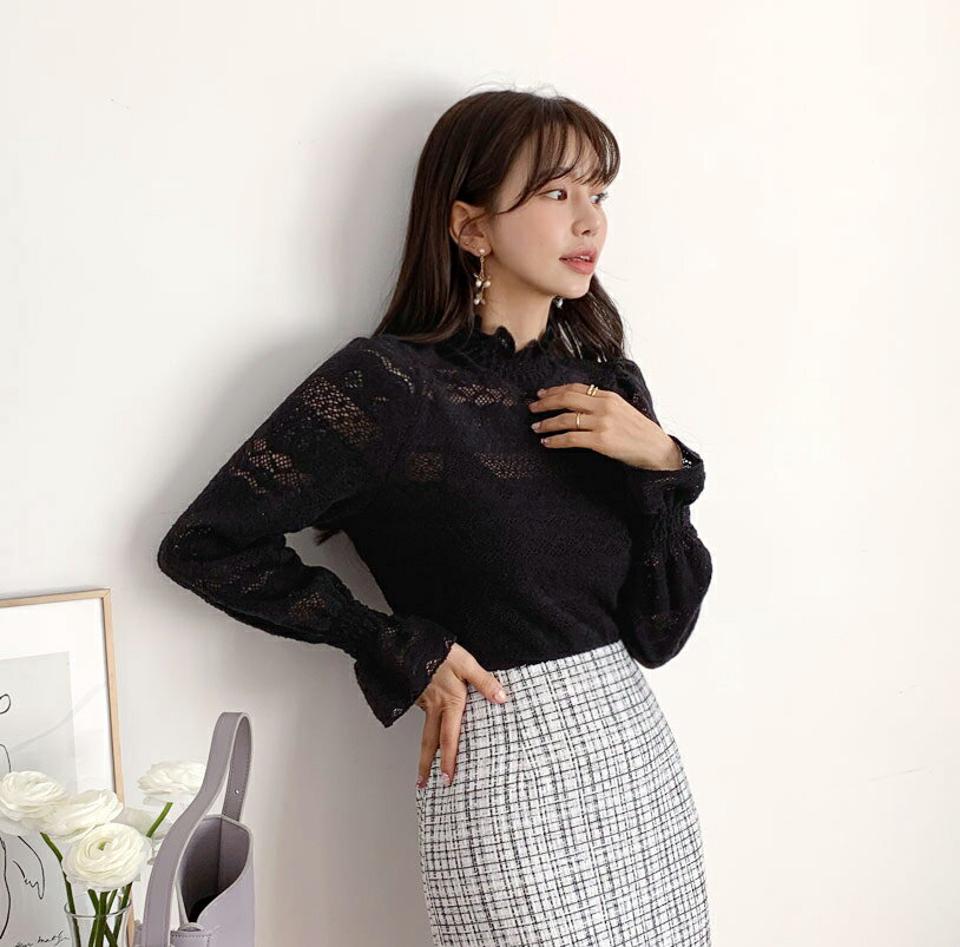 【只今10%OFF】起毛シャーリングレースブラウス・全3色・b62608 レディース 【bl】【韓国 ファッション トップス ブラウス 長袖 ハイネック 起毛 パターン レース シャーリング フリル 無地 上品 ベーシック フェミニン カジュアル デイリー カジュアル 秋 冬】