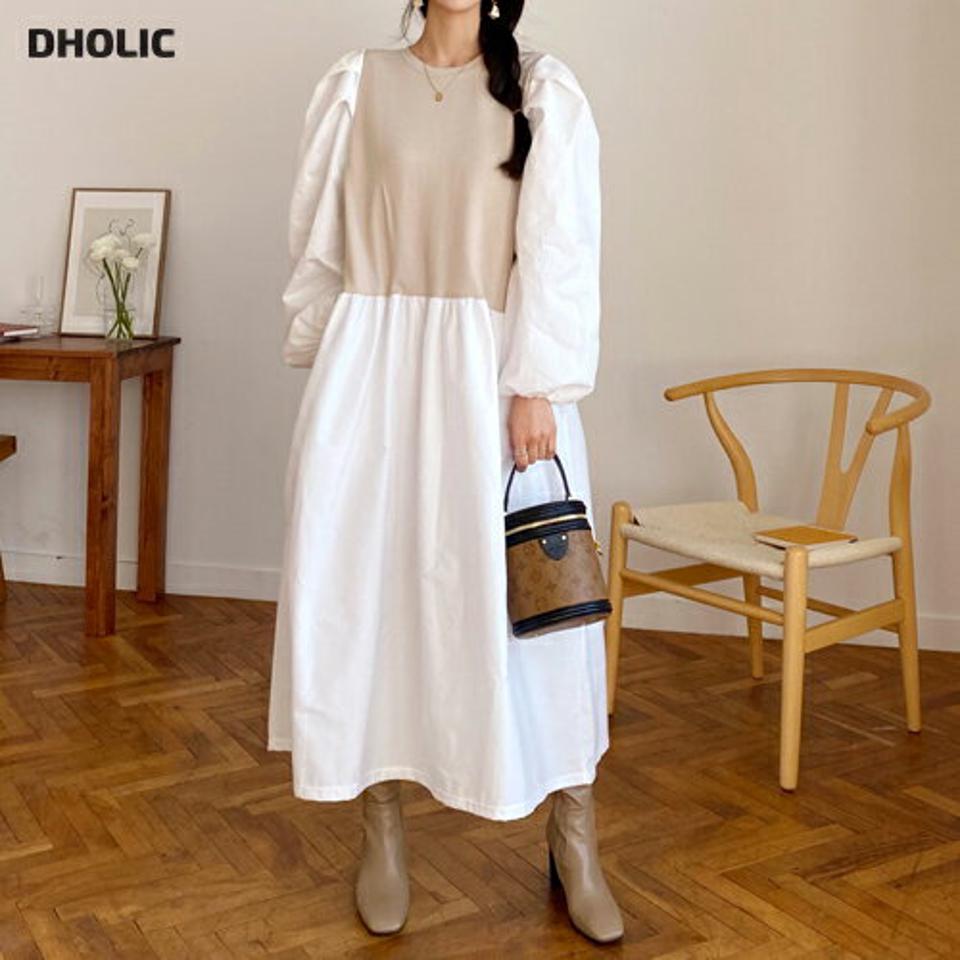 パフ配色ワンピース・全3色・b62618 レディース 【ops】【韓国 ファッション ワンピース ロング ロングワンピース 長袖 パフ 配色 異素材 フレア パフスリーブ サイドポケット ボリューム 体型カバー フェミニン 上品 ベーシック シンプル カジュアル 秋 冬】