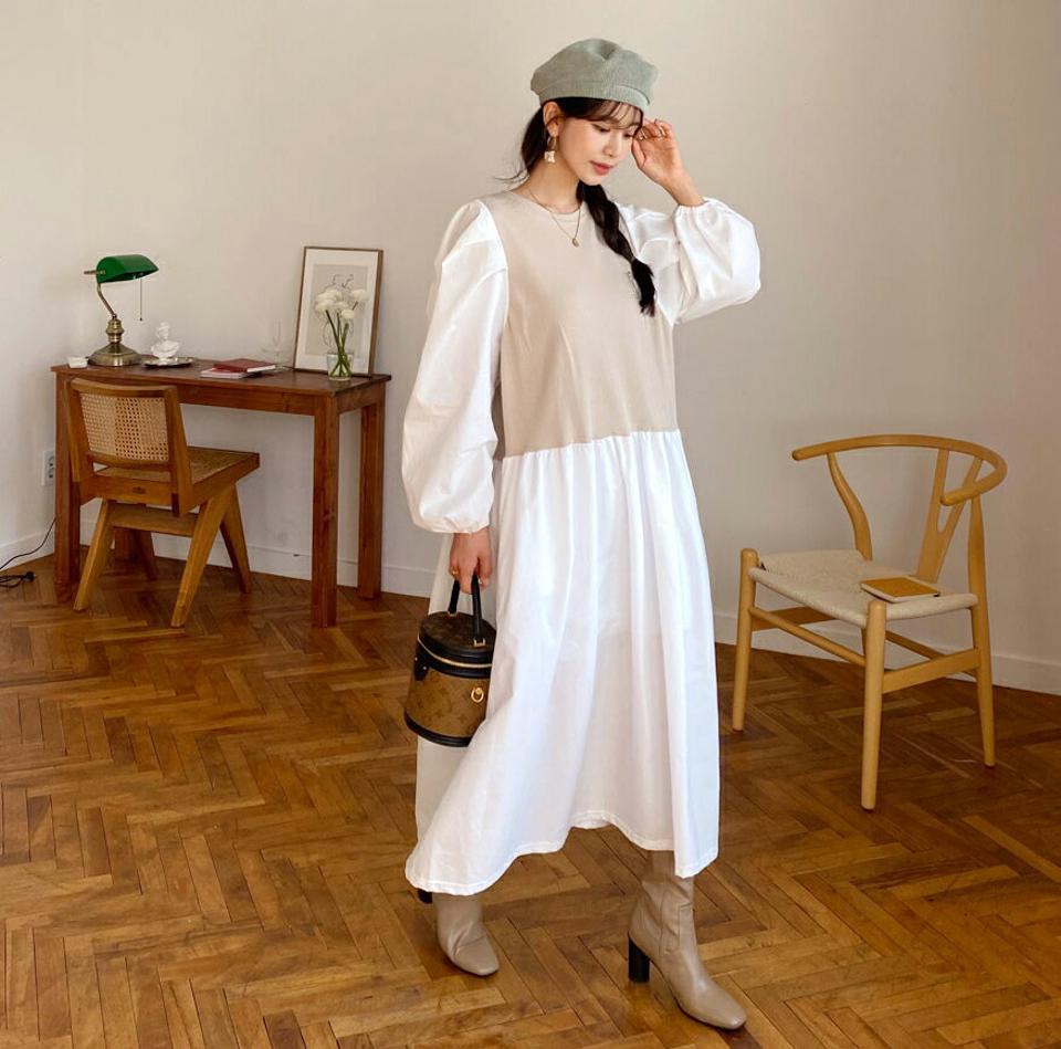 パフ配色ワンピース・全3色・b62618 レディース 【ops】【韓国 ファッション ワンピース ロング ロングワンピース 長袖 パフ 配色 異素材 フレア パフスリーブ サイドポケット ボリューム 体型カバー フェミニン 上品 ベーシック シンプル カジュアル 秋 冬】