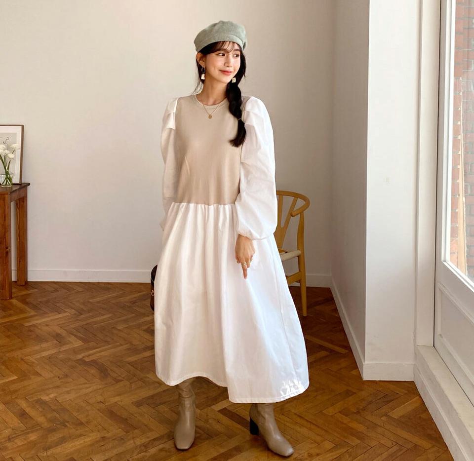 パフ配色ワンピース・全3色・b62618 レディース 【ops】【韓国 ファッション ワンピース ロング ロングワンピース 長袖 パフ 配色 異素材 フレア パフスリーブ サイドポケット ボリューム 体型カバー フェミニン 上品 ベーシック シンプル カジュアル 秋 冬】