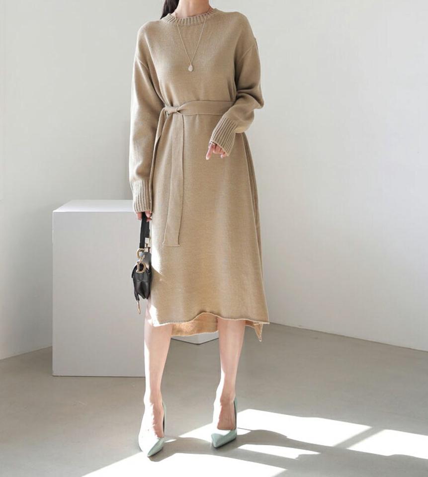 【只今10%OFF】ストラップ付ニットワンピース・全3色・t62621 レディース 【ops】【韓国 ファッション ラワンピース ミディ ミディワンピース 長袖 ウンドネック ストラップ ニットワンピース ミディ丈 体型カバー フェミニン 上品 ベーシック シンプル カジュアル 秋 冬】