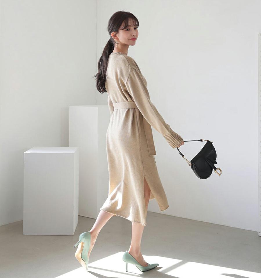 【只今10%OFF】ストラップ付ニットワンピース・全3色・t62621 レディース 【ops】【韓国 ファッション ラワンピース ミディ ミディワンピース 長袖 ウンドネック ストラップ ニットワンピース ミディ丈 体型カバー フェミニン 上品 ベーシック シンプル カジュアル 秋 冬】