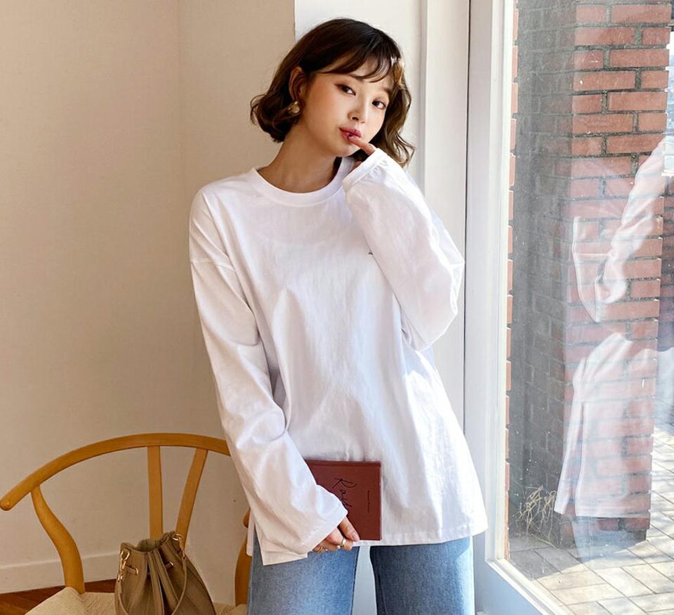 ミニレタリングTシャツ・全5色・t62602 レディース 【tops】【韓国 ファッション トップス Tシャツ カットソー 長袖 ラウンドネック レタリング ルーズフィット サイドスリット 体型カーバー フェミニン シンプル デイリー ベーシック 秋 冬】【BT】