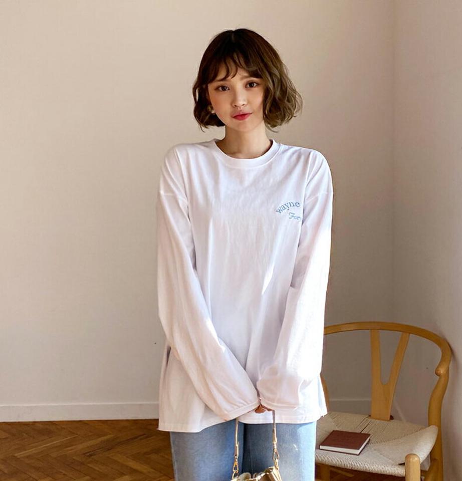 ミニレタリングTシャツ・全5色・t62602 レディース 【tops】【韓国 ファッション トップス Tシャツ カットソー 長袖 ラウンドネック レタリング ルーズフィット サイドスリット 体型カーバー フェミニン シンプル デイリー ベーシック 秋 冬】【BT】