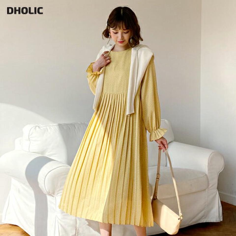 【只今10%OFF】ドットプリーツワンピース・全3色・t62637 レディース 【ops】【韓国 ファッション ワンピース ロング ロングワンピース 長袖 ラウンドネック ドット プリーツ ボリューム 体型カバー フェミニン 上品 ベーシック シンプル カジュアル 秋 冬】