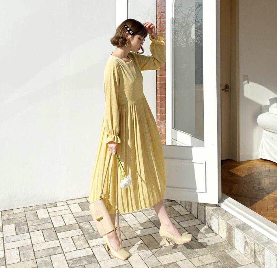 【只今10%OFF】ドットプリーツワンピース・全3色・t62637 レディース 【ops】【韓国 ファッション ワンピース ロング ロングワンピース 長袖 ラウンドネック ドット プリーツ ボリューム 体型カバー フェミニン 上品 ベーシック シンプル カジュアル 秋 冬】