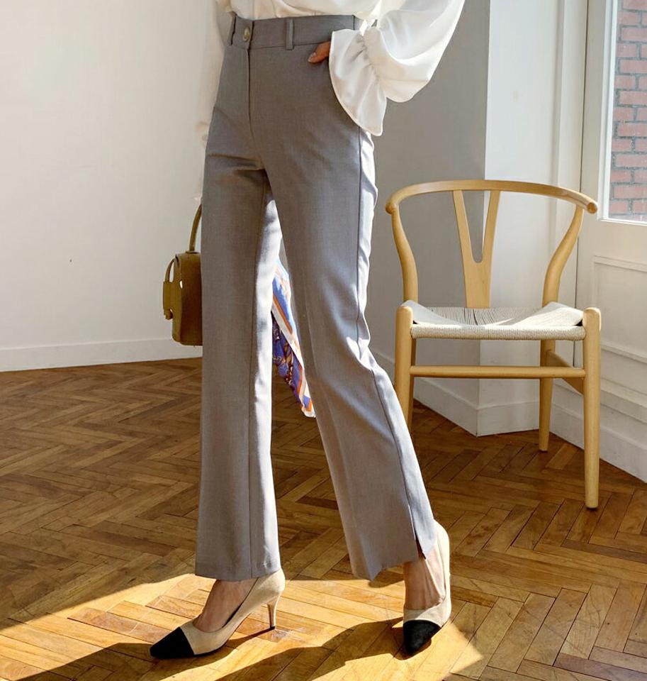 スリットブーツカットスラックス・全3色・t62634 レディース 【pt】【韓国 ファッション ボトムス パンツ スラックス ロング スリット ブーツカット ベルトループ サイドポケット 細身 10分丈 十分丈 ストレート カジュアル 無地 カジュアル 秋 冬】