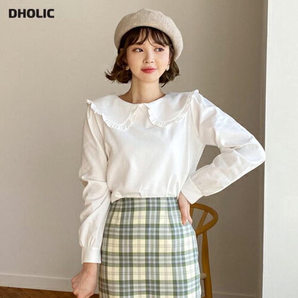 フリルカラーブラウス・全1色・t62612 レディース 【bl】【韓国 ファッション トップス ブラウス 長袖 ラウンドネック フリルカラー フリル 無地 上品 ベーシック フェミニン カジュアル デイリー カジュアル 秋 冬】