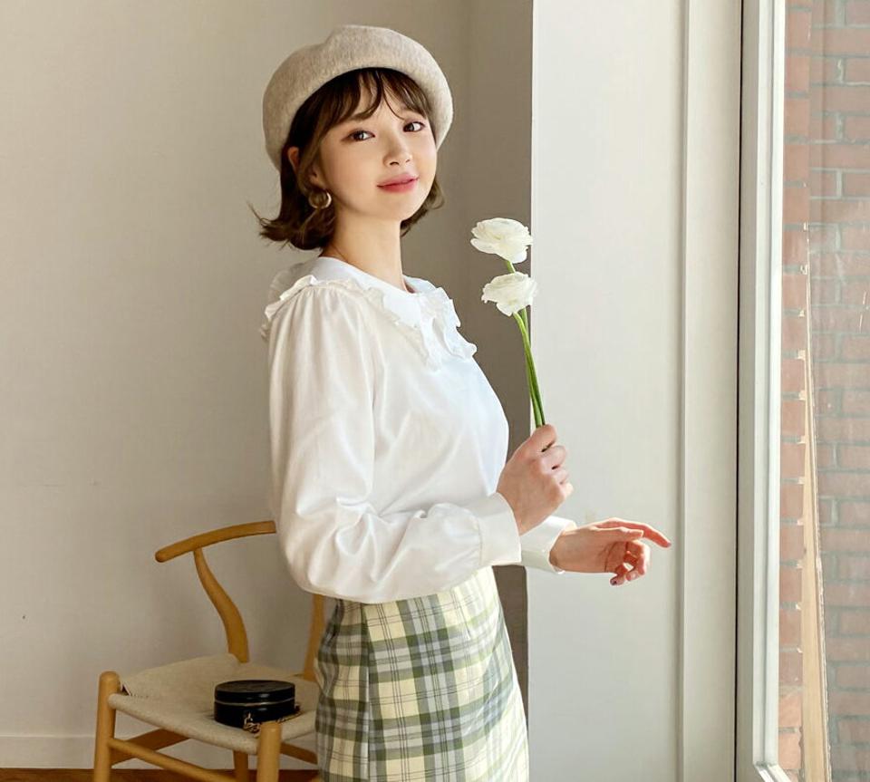 フリルカラーブラウス・全1色・t62612 レディース 【bl】【韓国 ファッション トップス ブラウス 長袖 ラウンドネック フリルカラー フリル 無地 上品 ベーシック フェミニン カジュアル デイリー カジュアル 秋 冬】