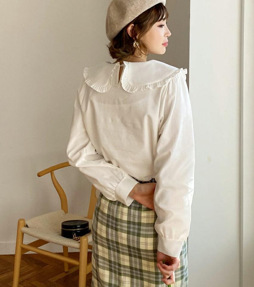 フリルカラーブラウス・全1色・t62612 レディース 【bl】【韓国 ファッション トップス ブラウス 長袖 ラウンドネック フリルカラー フリル 無地 上品 ベーシック フェミニン カジュアル デイリー カジュアル 秋 冬】