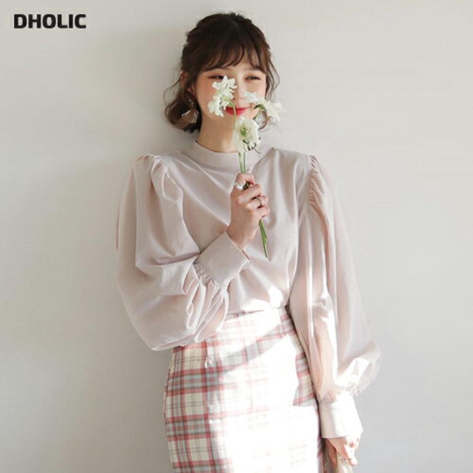 パフスリーブブラウス・全3色・t62611 レディース 【bl】【韓国 ファッション トップス ブラウス 長袖 バンドカラー パフスリーブ パフ パステルトーン 無地 上品 ベーシック フェミニン カジュアル デイリー カジュアル 秋 冬】