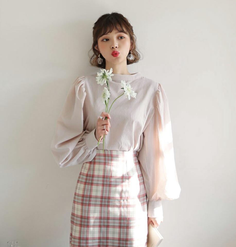 パフスリーブブラウス・全3色・t62611 レディース 【bl】【韓国 ファッション トップス ブラウス 長袖 バンドカラー パフスリーブ パフ パステルトーン 無地 上品 ベーシック フェミニン カジュアル デイリー カジュアル 秋 冬】