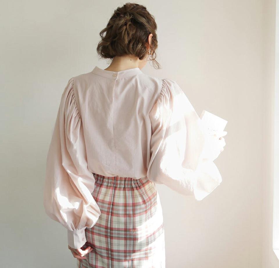 パフスリーブブラウス・全3色・t62611 レディース 【bl】【韓国 ファッション トップス ブラウス 長袖 バンドカラー パフスリーブ パフ パステルトーン 無地 上品 ベーシック フェミニン カジュアル デイリー カジュアル 秋 冬】