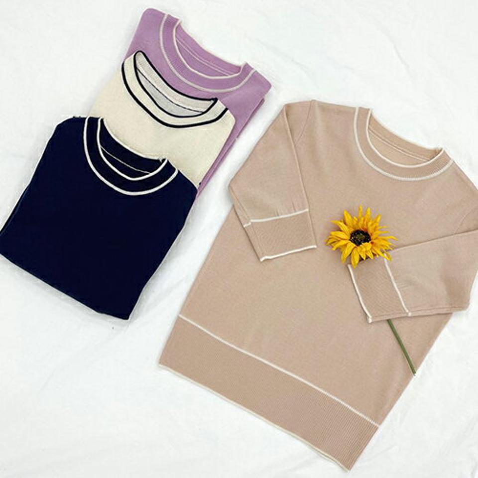 【只今10%OFF】配色半袖ニット・全4色・b66635 レディース 【tops】【トップス ニット ニットトップス 半袖 ハーフスリーブ 配色 大人 シンプル 春 秋 冬 韓国 ファッション】【ハイホリHIHOLLI】