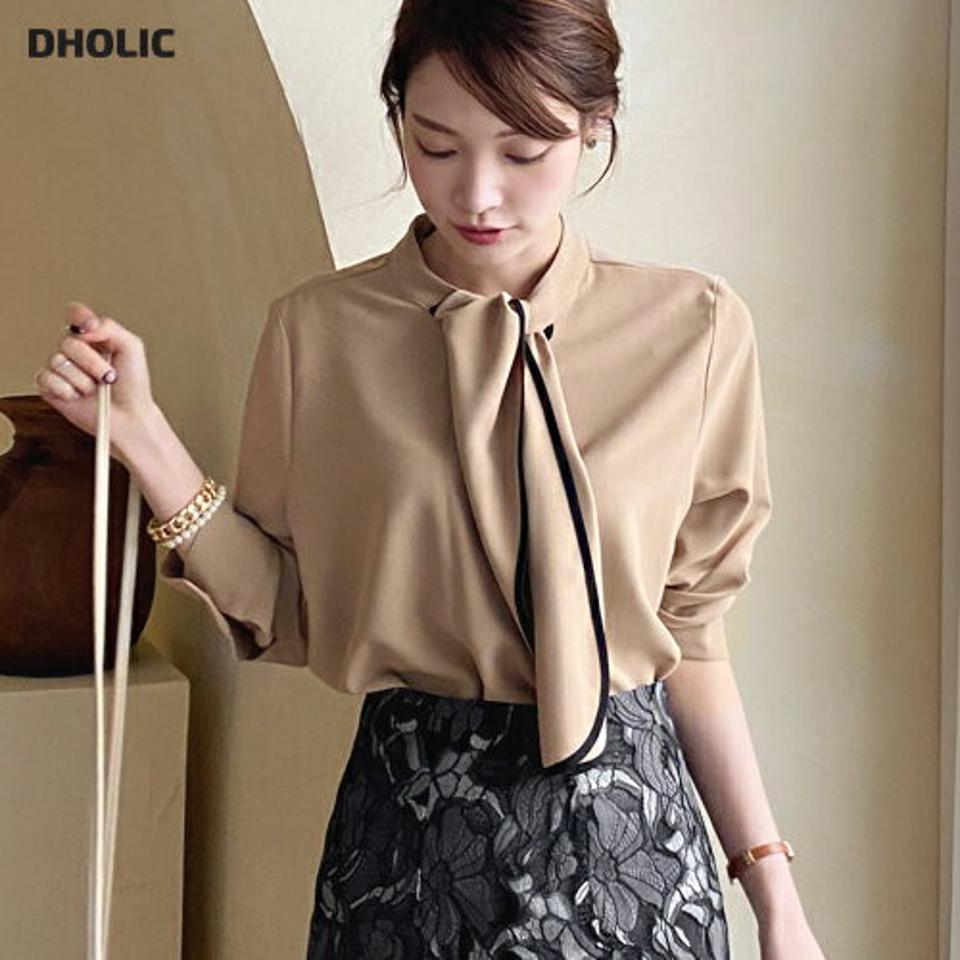 ≪人気商品再入荷≫配色ラインリボンブラウス・全3色・t66628 レディース 【bl】 トップス ブラウス 長袖 リボン りぼん 配色 モダン 大人 オフィスカジュアル きれいめ 上品 秋 冬 韓国ファッション HIHOLLI