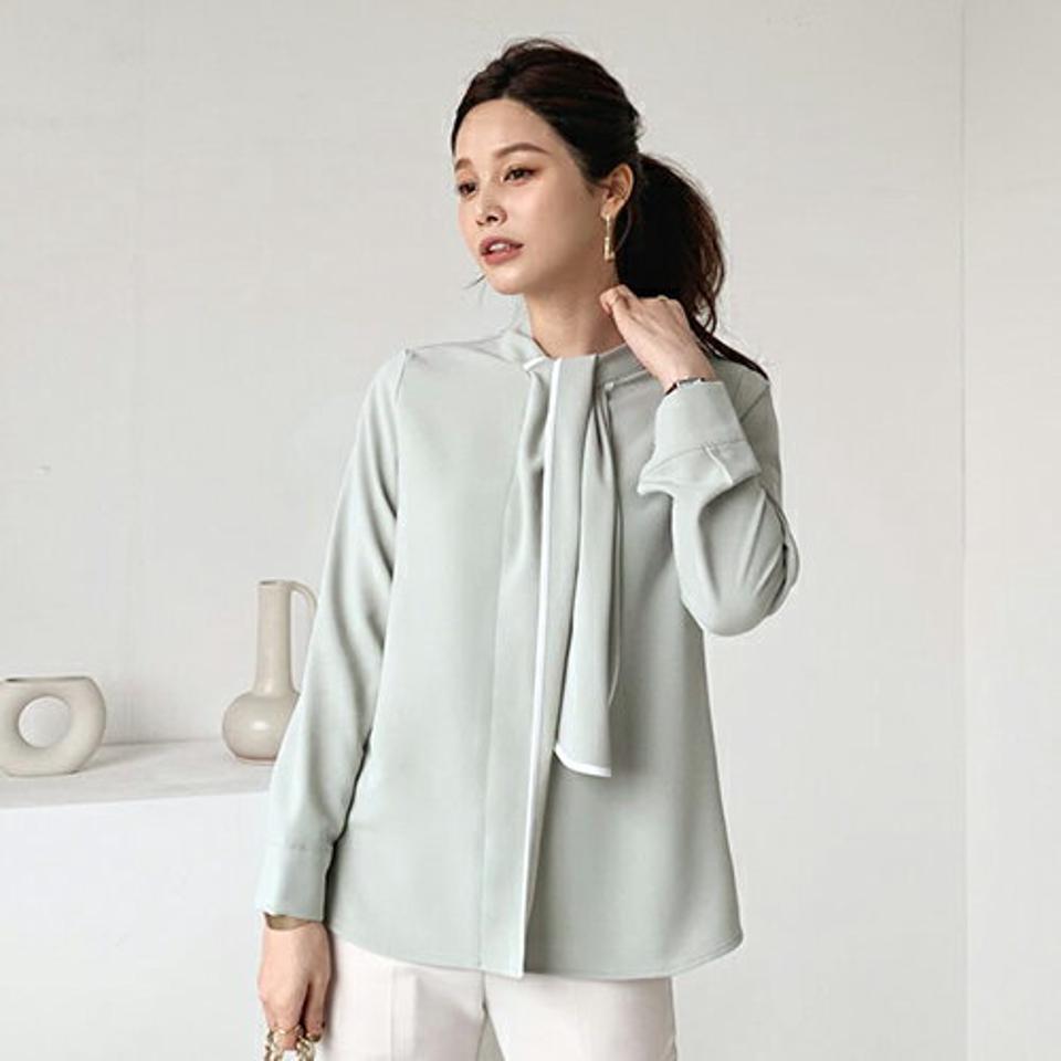 ≪人気商品再入荷≫配色ラインリボンブラウス・全3色・t66628 レディース 【bl】 トップス ブラウス 長袖 リボン りぼん 配色 モダン 大人 オフィスカジュアル きれいめ 上品 秋 冬 韓国ファッション HIHOLLI