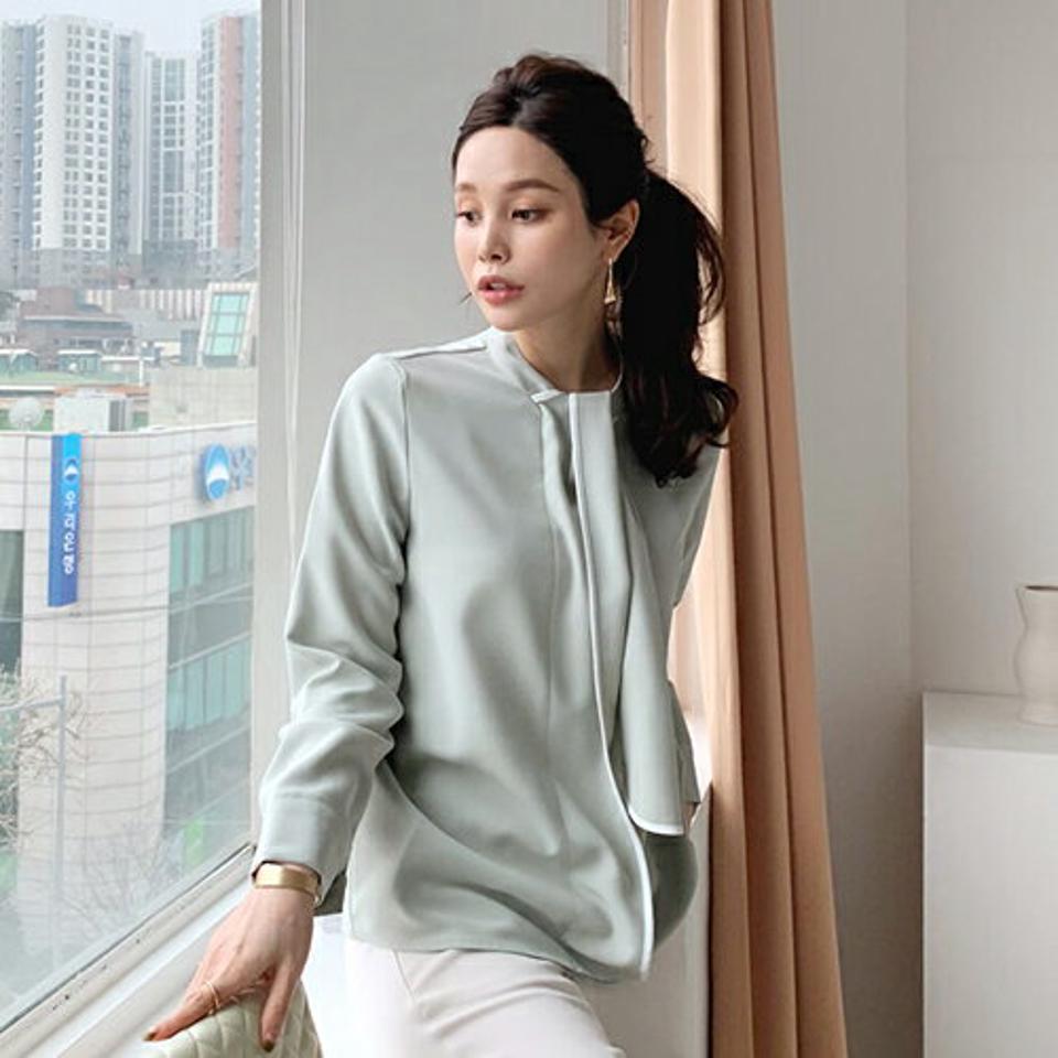 ≪人気商品再入荷≫配色ラインリボンブラウス・全3色・t66628 レディース 【bl】 トップス ブラウス 長袖 リボン りぼん 配色 モダン 大人 オフィスカジュアル きれいめ 上品 秋 冬 韓国ファッション HIHOLLI