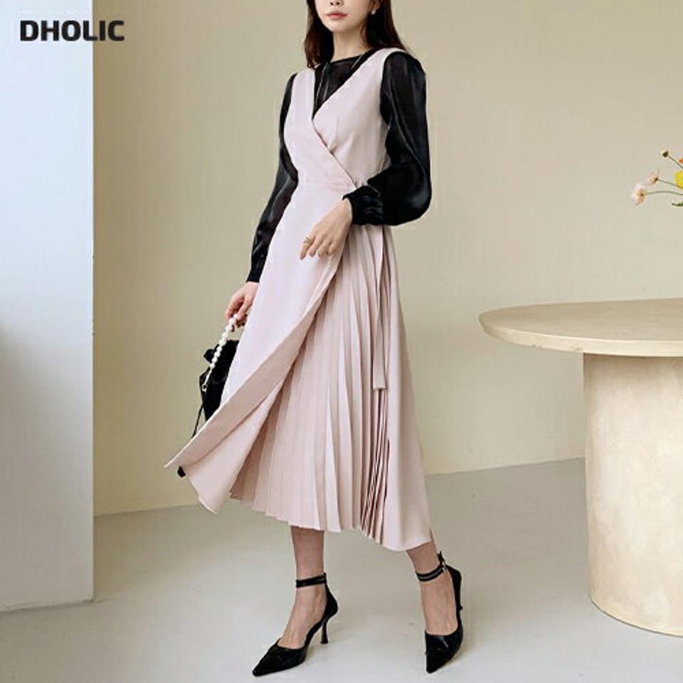 プリーツラップワンピース・全2色・t66634 レディース 【ops】【ワンピース ロング ロングワンピース スリーブレス ノースリーブ プリーツ ラップワンピース ラップデザイン 韓国 ファッション】【ハイホリHIHOLLI】