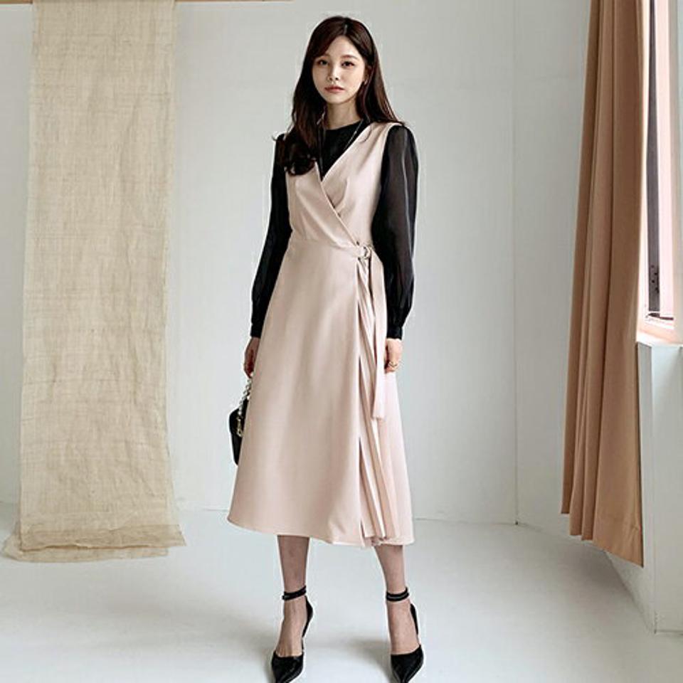 プリーツラップワンピース・全2色・t66634 レディース 【ops】【ワンピース ロング ロングワンピース スリーブレス ノースリーブ プリーツ ラップワンピース ラップデザイン 韓国 ファッション】【ハイホリHIHOLLI】