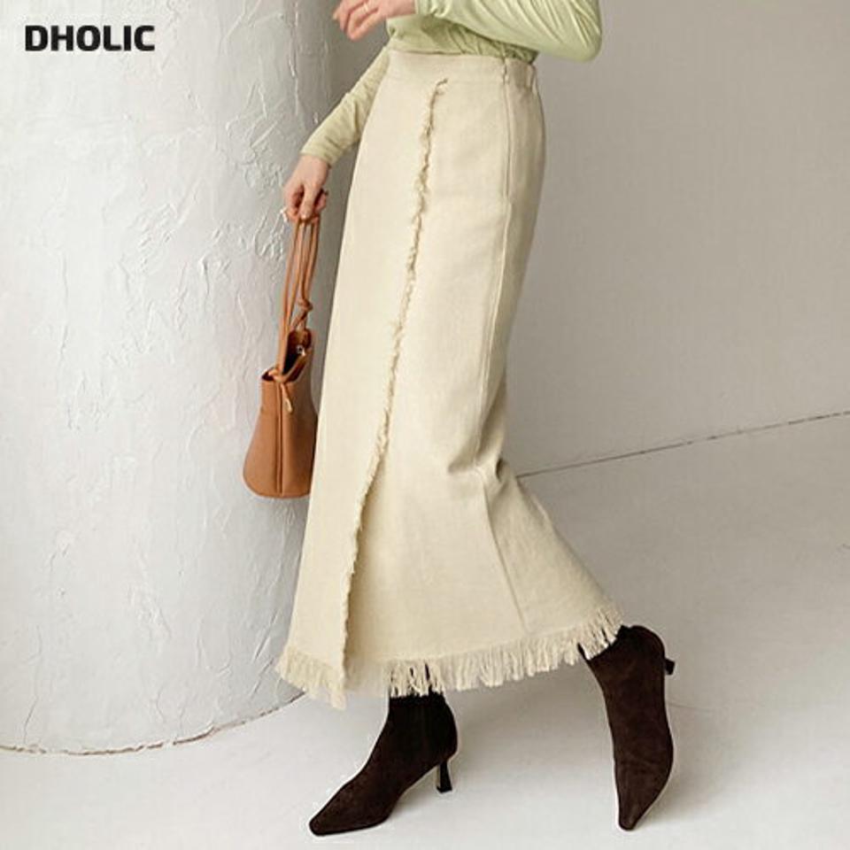 フリンジスカート・全2色・t66649 レディース 【sk】【スカート ロングスカート ロング フリンジ 大人 カジュアル Hライン スリット 秋 冬 韓国 ファッション】【ハイホリHIHOLLI】