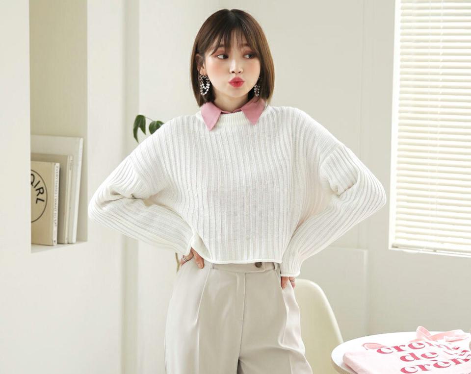 ロールヘムリブニット・全5色・t64879 レディース 【tops】【韓国 ファッション トップス ニット 長袖 ラウンドネック リブ ショート丈 ルーズフィット ゆったり　細身 体型カーバー デイリー ベーシック カジュアル シンプル カジュアル 秋 冬】