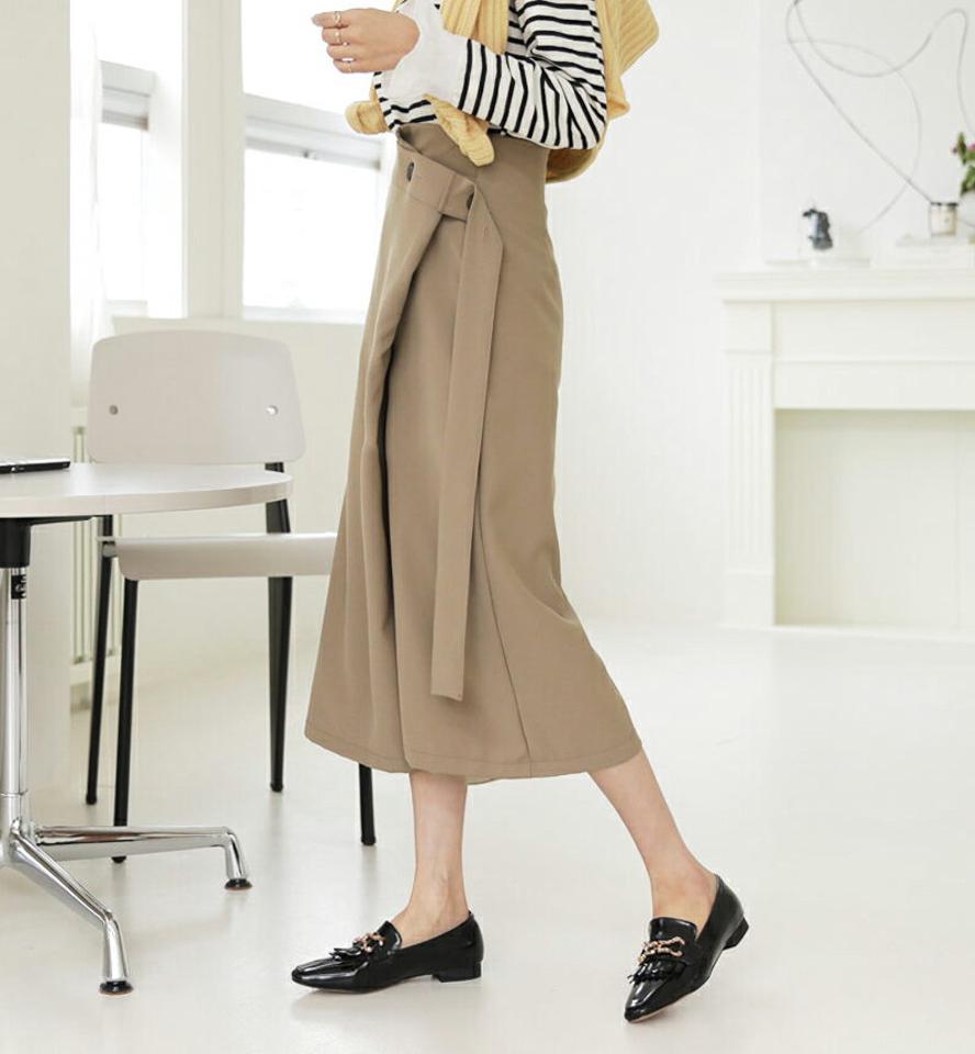 ボタンストラップスカート・全3色・t64866 レディース 【sk】【韓国 ファッション ボトムス スカート ロング Aライン ラップ アンバランス ユニーク ダーツ ストラップ 上品 細身 カジュアル フェミニン シンプル スリム 体型カーバー カジュアル 秋 冬】