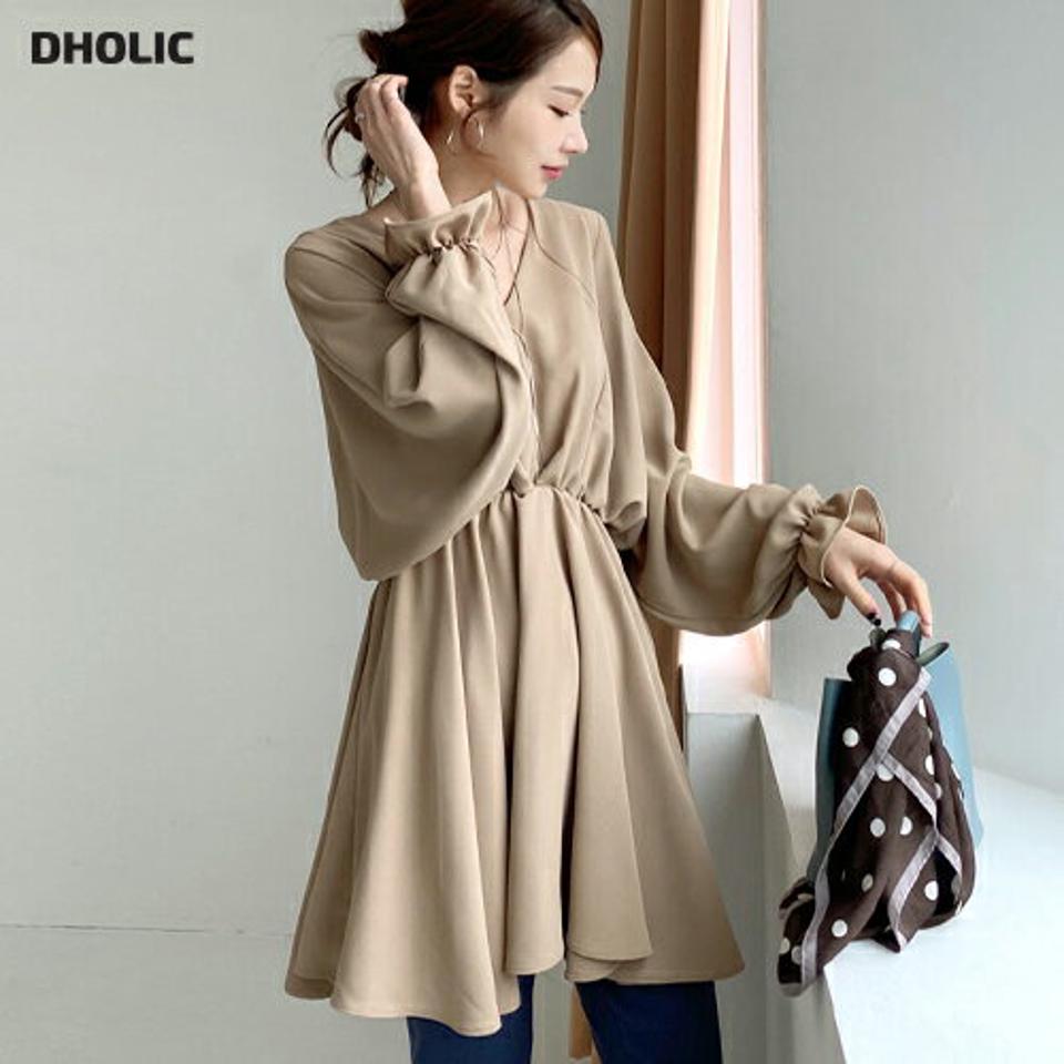 ≪人気商品再入荷≫Vネックフレアブラウス・全3色・t66631 レディース 【bl】トップス ブラウス 長袖 フレア フレアトップス ドルマン Vネック 体型カバー フレアブラウス 単色 無地 フェミニン シンプル 秋 冬 韓国ファッション ハイホリHIHOLLI