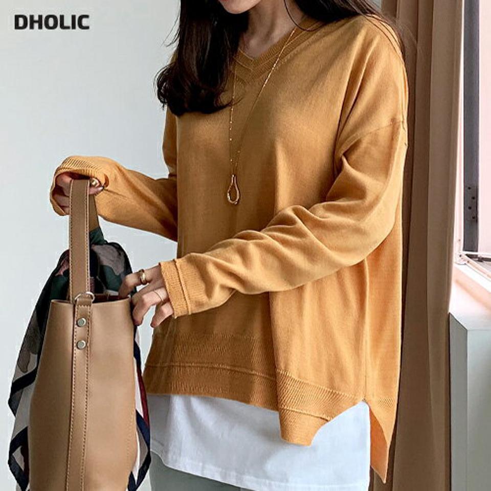 Vネックアンバランスニット・全6色・b66624 レディース 【tops】【トップス ニット ニットトップス 長袖 アンバランス Vネック 単色 無地 シンプル カジュアル 秋 冬 韓国 ファッション】【ハイホリHIHOLLI】