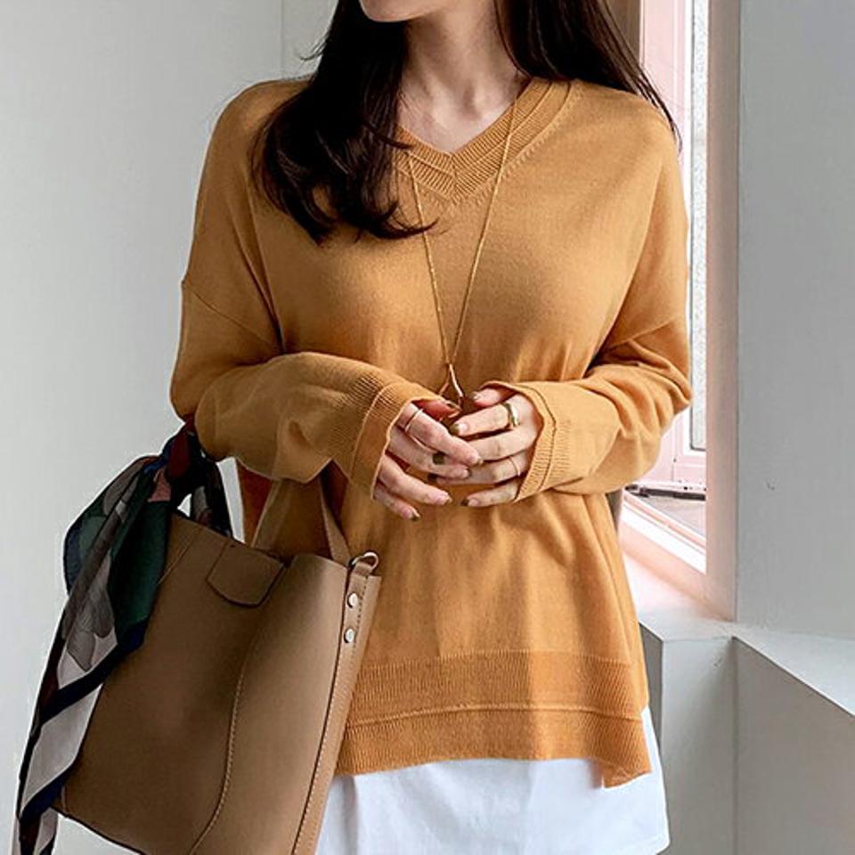 Vネックアンバランスニット・全6色・b66624 レディース 【tops】【トップス ニット ニットトップス 長袖 アンバランス Vネック 単色 無地 シンプル カジュアル 秋 冬 韓国 ファッション】【ハイホリHIHOLLI】
