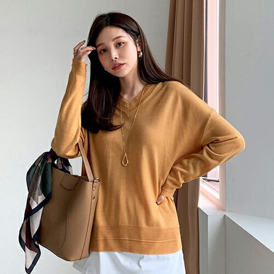 Vネックアンバランスニット・全6色・b66624 レディース 【tops】【トップス ニット ニットトップス 長袖 アンバランス Vネック 単色 無地 シンプル カジュアル 秋 冬 韓国 ファッション】【ハイホリHIHOLLI】