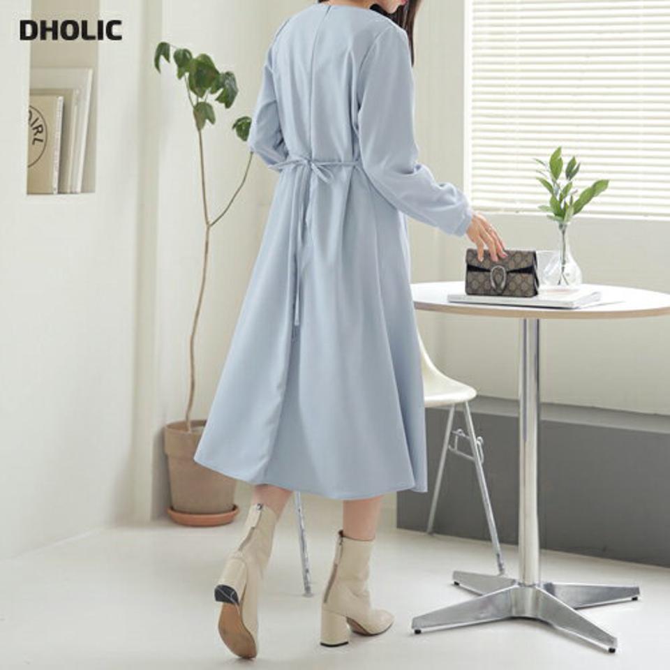 スクエアVネックワンピース・全4色・t64882 レディース 【ops】【韓国 ファッション ワンピース ロング ロングワンピース Aライン スクエアVネック フレア リボン 体型カバー フェミニン 上品 ベーシック シンプル カジュアル 秋 冬】