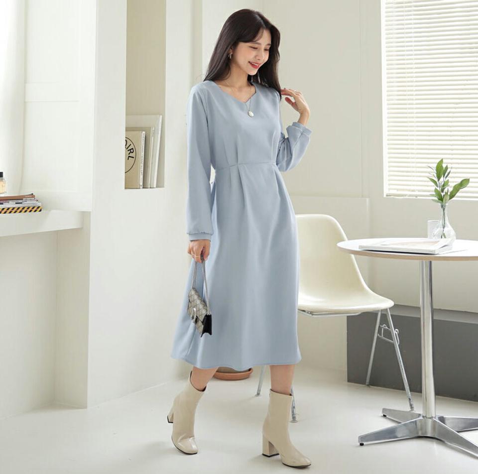 スクエアVネックワンピース・全4色・t64882 レディース 【ops】【韓国 ファッション ワンピース ロング ロングワンピース Aライン スクエアVネック フレア リボン 体型カバー フェミニン 上品 ベーシック シンプル カジュアル 秋 冬】