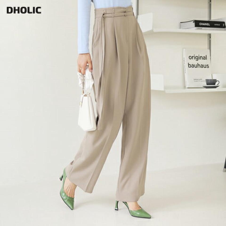 ダブルベルト付ワイドスラックス・全2色・t64863 レディース 【pt】【韓国 ファッション ボトムス パンツ スラックス ロング ワイド ツータック サイドポケット ウエストベルト 細身 10分丈 十分丈 ストレート カジュアル 無地 カジュアル 秋 冬】