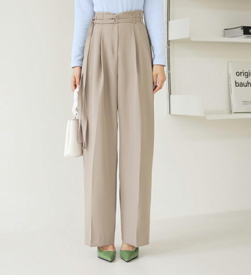 ダブルベルト付ワイドスラックス・全2色・t64863 レディース 【pt】【韓国 ファッション ボトムス パンツ スラックス ロング ワイド ツータック サイドポケット ウエストベルト 細身 10分丈 十分丈 ストレート カジュアル 無地 カジュアル 秋 冬】