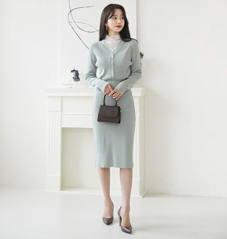 リブニットカーディガン&スカートSET・全4色・t64901 レディース 【ops】【韓国 ファッション ワンピース ミディ ミディワンピース セットアップ リブニット Vネック スカート ウエストゴム Hライン 体型カバー 上品 ベーシック シンプル カジュアル 秋 冬】