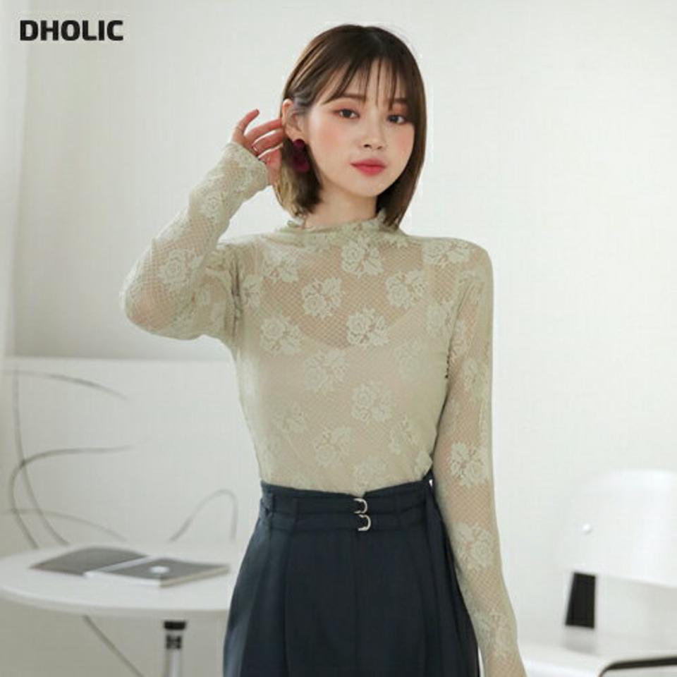 ダイヤフラワーレースTシャツ・全4色・t64875 レディース 【bl】韓国ファッション トップス ブラウス 長袖 ハーフネック パターン フラワー レース シースルー 上品 ベーシック フェミニン カジュアル デイリー カジュアル 秋 冬 fw