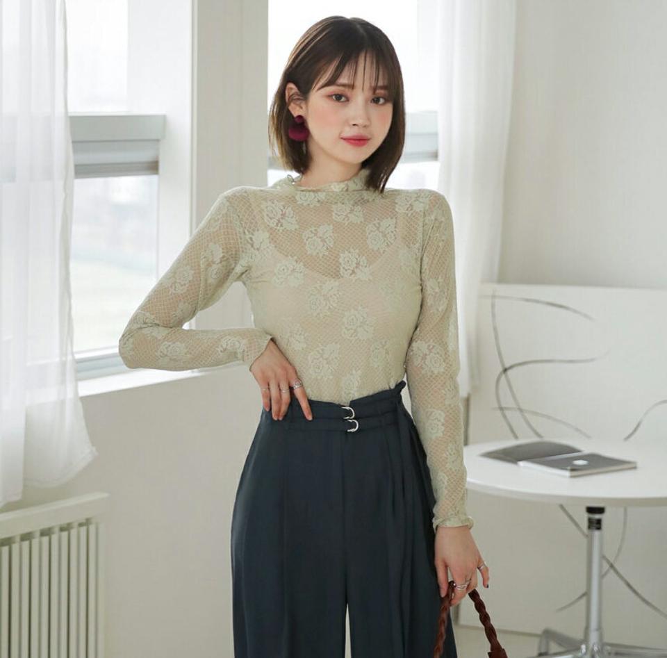 ダイヤフラワーレースTシャツ・全4色・t64875 レディース 【bl】韓国ファッション トップス ブラウス 長袖 ハーフネック パターン フラワー レース シースルー 上品 ベーシック フェミニン カジュアル デイリー カジュアル 秋 冬 fw
