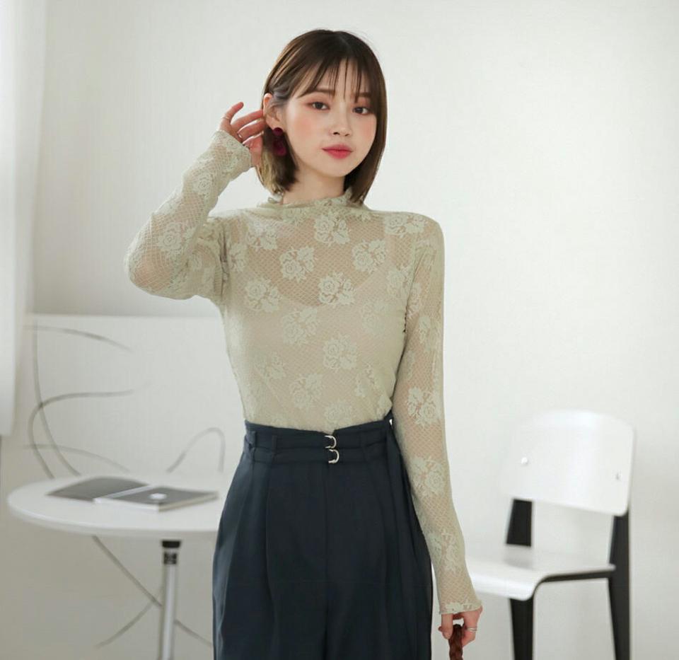 ダイヤフラワーレースTシャツ・全4色・t64875 レディース 【bl】韓国ファッション トップス ブラウス 長袖 ハーフネック パターン フラワー レース シースルー 上品 ベーシック フェミニン カジュアル デイリー カジュアル 秋 冬 fw