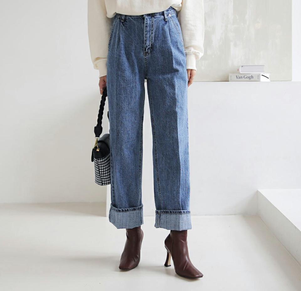 タックワイドデニムパンツ・全1色・t64870 レディース 【pt】【韓国 ファッション ボトムス パンツ デニム ロング ワンタック ワイドデニム ベルトループ ウォッシング スタイリッシュ 細身 10分丈 十分丈 ストレート カジュアル 無地 カジュアル 秋 冬】