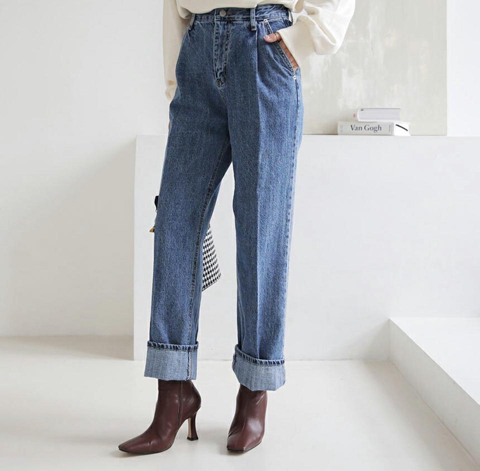 タックワイドデニムパンツ・全1色・t64870 レディース 【pt】【韓国 ファッション ボトムス パンツ デニム ロング ワンタック ワイドデニム ベルトループ ウォッシング スタイリッシュ 細身 10分丈 十分丈 ストレート カジュアル 無地 カジュアル 秋 冬】