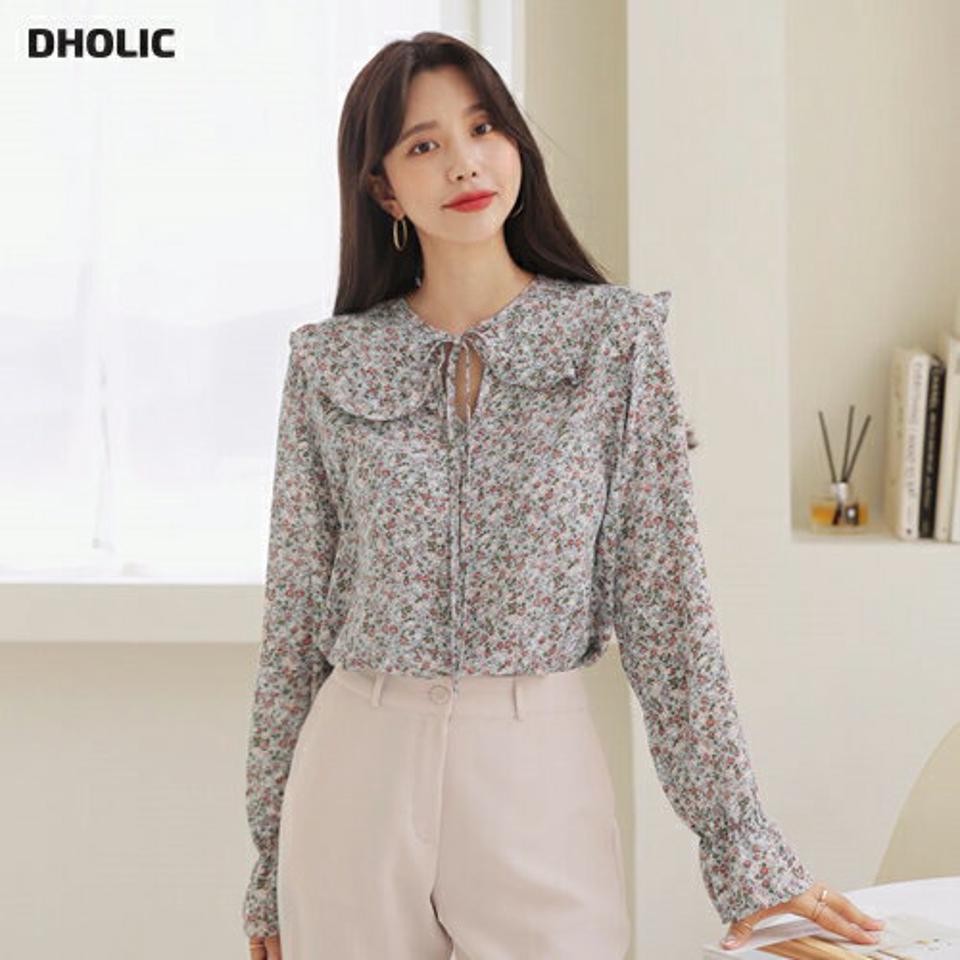 フリルカラー花柄ブラウス・全3色・t64880 レディース 【bl】【韓国 ファッション トップス ブラウス 長袖 ラウンドネック フローラル パターン フリル 上品 ベーシック フェミニン カジュアル デイリー カジュアル 秋 冬】