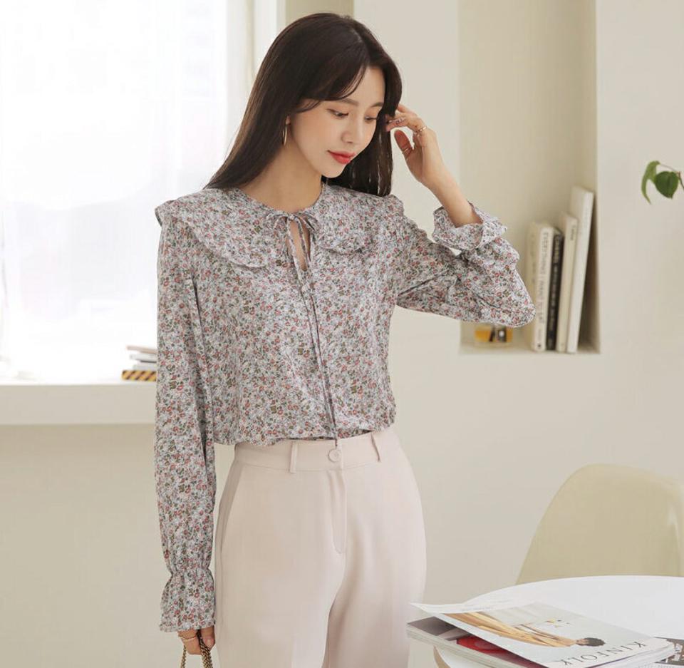 フリルカラー花柄ブラウス・全3色・t64880 レディース 【bl】【韓国 ファッション トップス ブラウス 長袖 ラウンドネック フローラル パターン フリル 上品 ベーシック フェミニン カジュアル デイリー カジュアル 秋 冬】