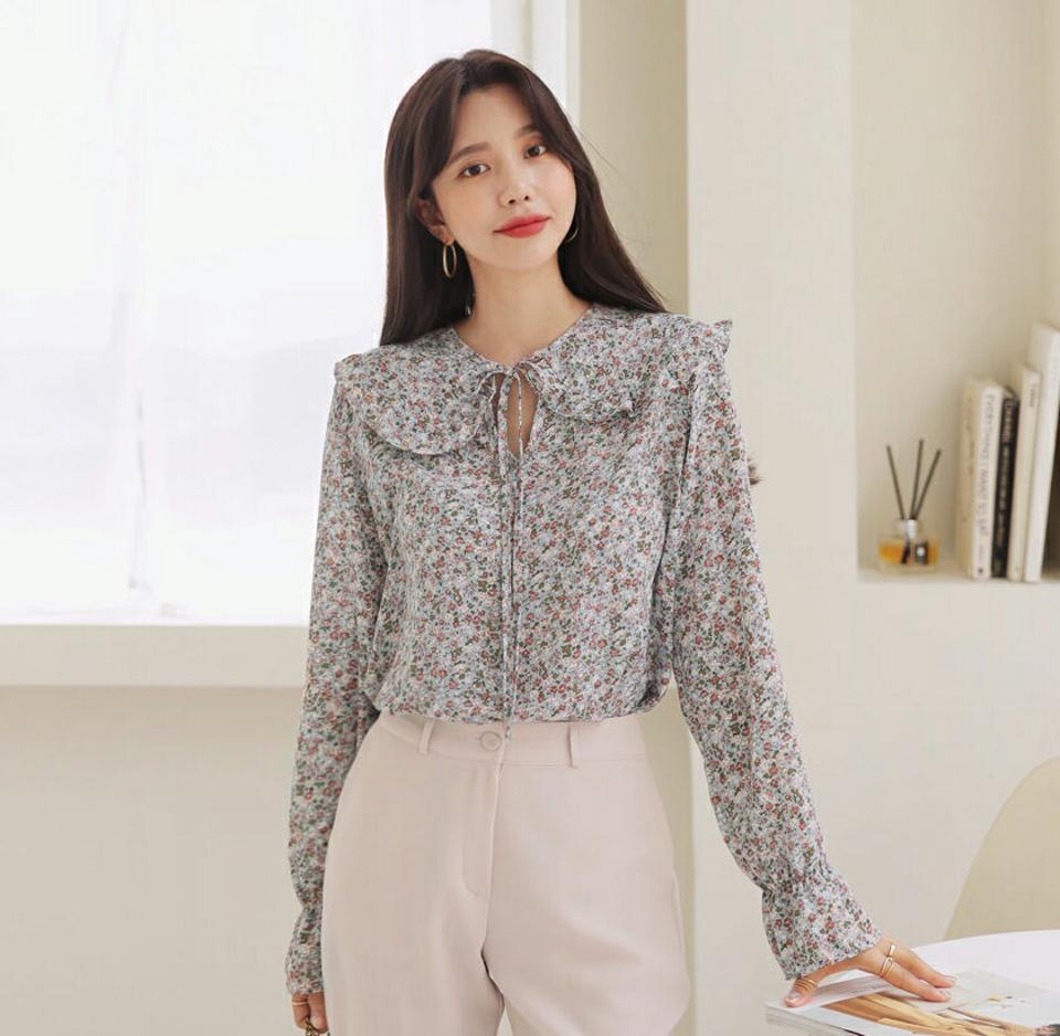 フリルカラー花柄ブラウス・全3色・t64880 レディース 【bl】【韓国 ファッション トップス ブラウス 長袖 ラウンドネック フローラル パターン フリル 上品 ベーシック フェミニン カジュアル デイリー カジュアル 秋 冬】