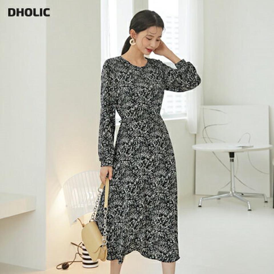 プリントフレアワンピース・全2色・t64884 レディース 【ops】【韓国 ファッション ワンピース ロング ロングワンピース 長袖 ラウンドネック Aライン プリント ウエストリボン 花柄 体型カバー フェミニン 上品 ベーシック シンプル カジュアル 秋 冬】