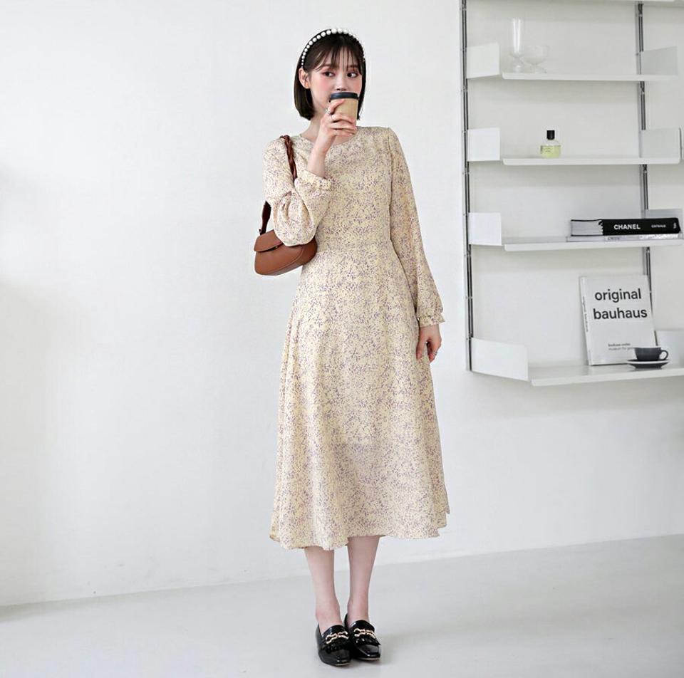 プリントフレアワンピース・全2色・t64884 レディース 【ops】【韓国 ファッション ワンピース ロング ロングワンピース 長袖 ラウンドネック Aライン プリント ウエストリボン 花柄 体型カバー フェミニン 上品 ベーシック シンプル カジュアル 秋 冬】