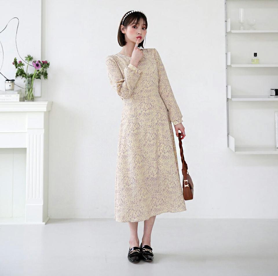 プリントフレアワンピース・全2色・t64884 レディース 【ops】【韓国 ファッション ワンピース ロング ロングワンピース 長袖 ラウンドネック Aライン プリント ウエストリボン 花柄 体型カバー フェミニン 上品 ベーシック シンプル カジュアル 秋 冬】