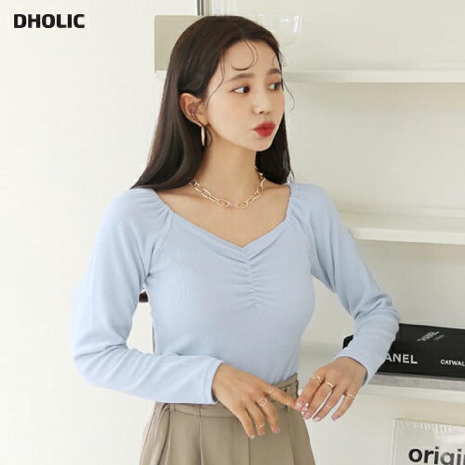 2WAYギャザーTシャツ・全4色・t64864 レディース 【tops】【韓国 ファッション トップス Tシャツ カットソー 長袖 スクエア Vネック デコルテ オフショル ギャザー 上品 体型カーバー フェミニン シンプル デイリー ベーシック カジュアル 秋 冬】