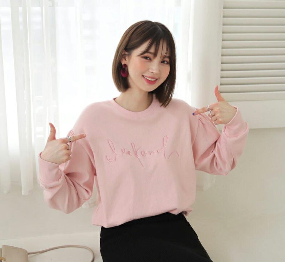 刺繍レタリングスウェット・全4色・t64872 レディース 【tops】【韓国 ファッション トップス スウェット Tシャツ カットソー 長袖 ラウンドネック 無地 ルーズ ゆったり デイリー ベーシック カジュアル レタリング カジュアル 秋 冬】【BT】
