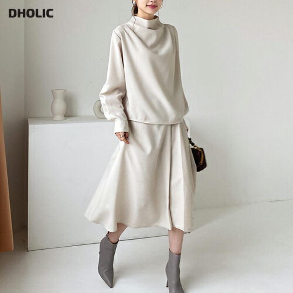 タックブラウス&スカートSET・全2色・t66641 レディース 【ops】【セットアップ setup トップス 長袖 ハーフネック ブラウス スカート ロングスカート 単色 無地 シンプル タック 秋 冬 韓国 ファッション】【ハイホリHIHOLLI】