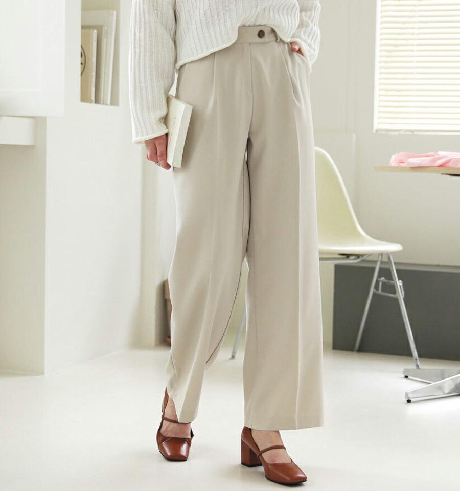 ボタンワンタックスラックス・全3色・t64893 レディース 【pt】【韓国 ファッション ボトムス パンツ スラックス ロング ワイド ベルトループ ワンタック 細身 10分丈 十分丈 ストレート カジュアル 無地 カジュアル 秋 冬】